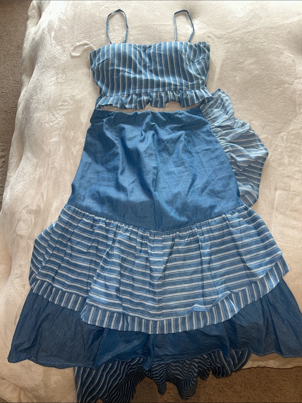 Blue Striped Tiered Maxi Skirt - Women's Denim-Style Maxi Set
